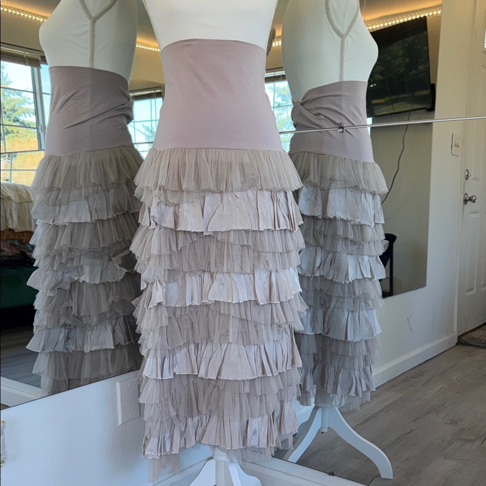 Free People Taupe Tiered Ruffle Midi Skirt